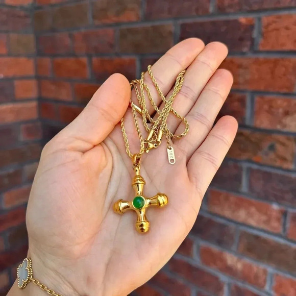 Taya 18KGold Plated Stainless Steel Waterproof Green Onyx Stone Cross Earrings - Picture 12 of 15